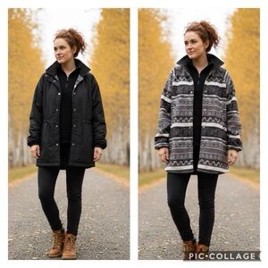 Vintage Reversible Jacket Utility Coat Medium Black Aztec Fleece 90s retro